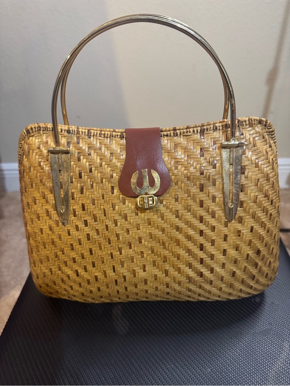 Vintage Woven Straw Top-Handle Bag with Brown Leather Accent